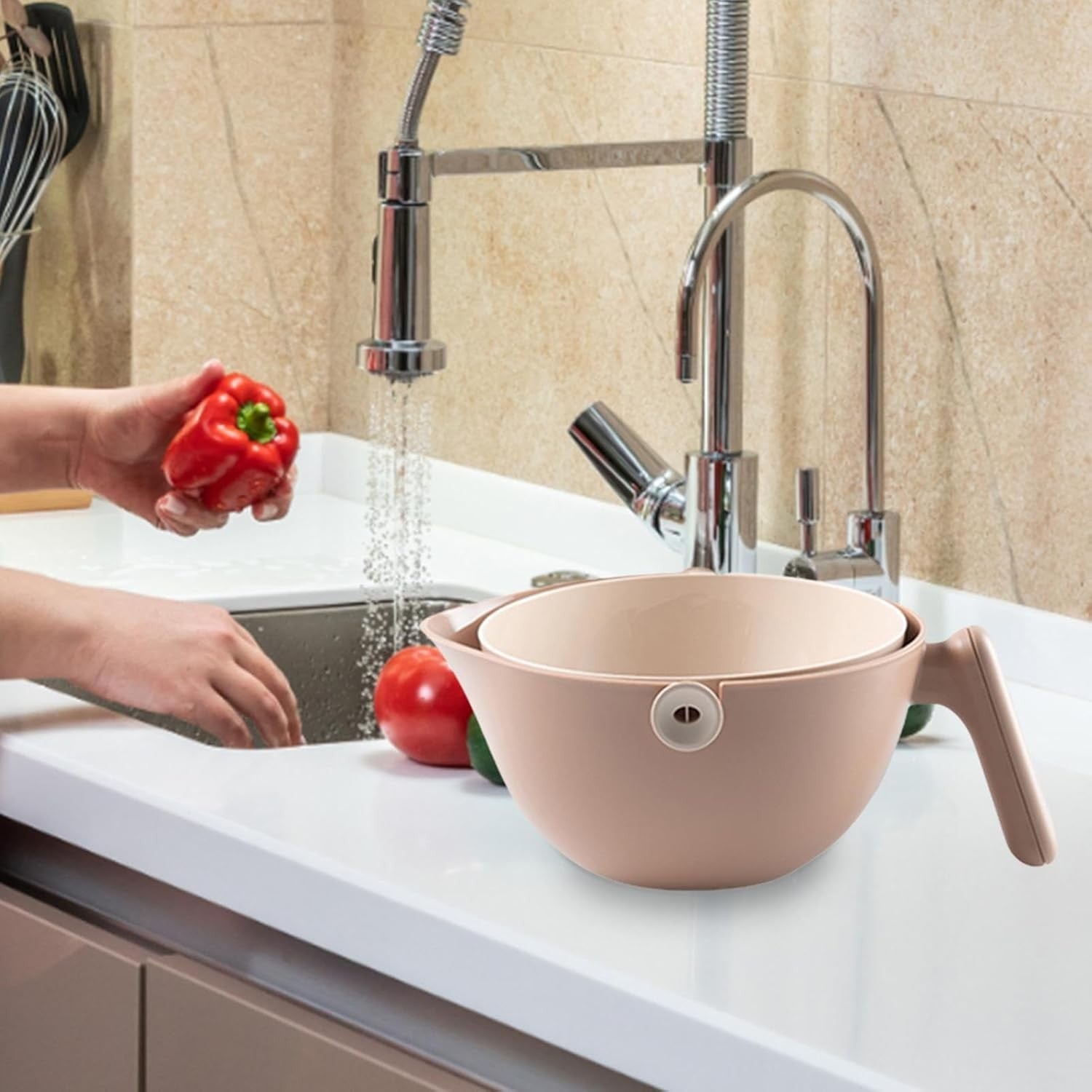 Bol cu Doua Straturi, Flippy, pentru Fructe, Legume, cu Cos de Scurgere a Apei, 2L, din ABS+PP, 29.9 x 22.5 x 11.8 cm,
