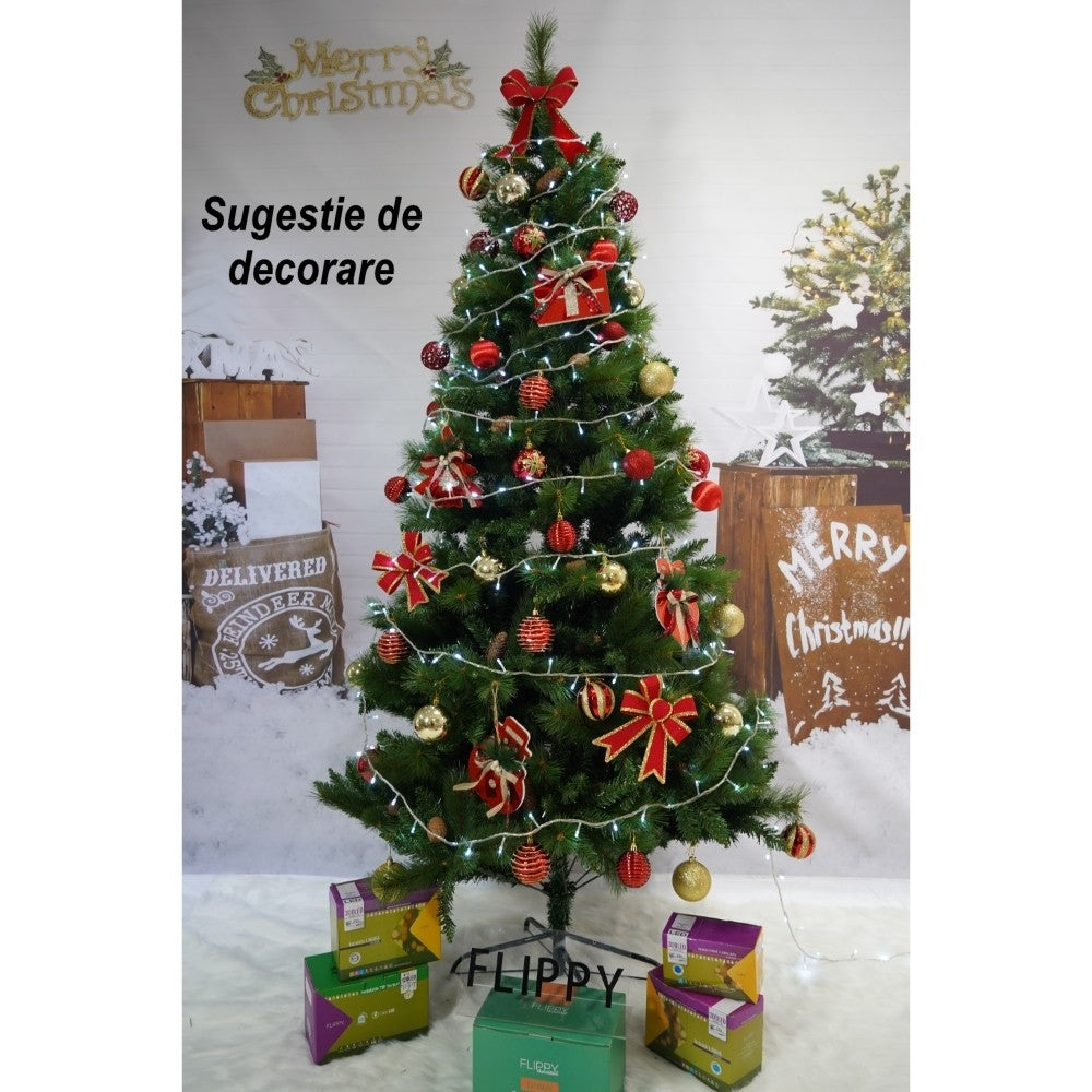 Brad artificial de Craciun, Decorat cu conuri de pin, pentru interior/exterior, inaltime 210 cm, diametru 114 cm, 1057