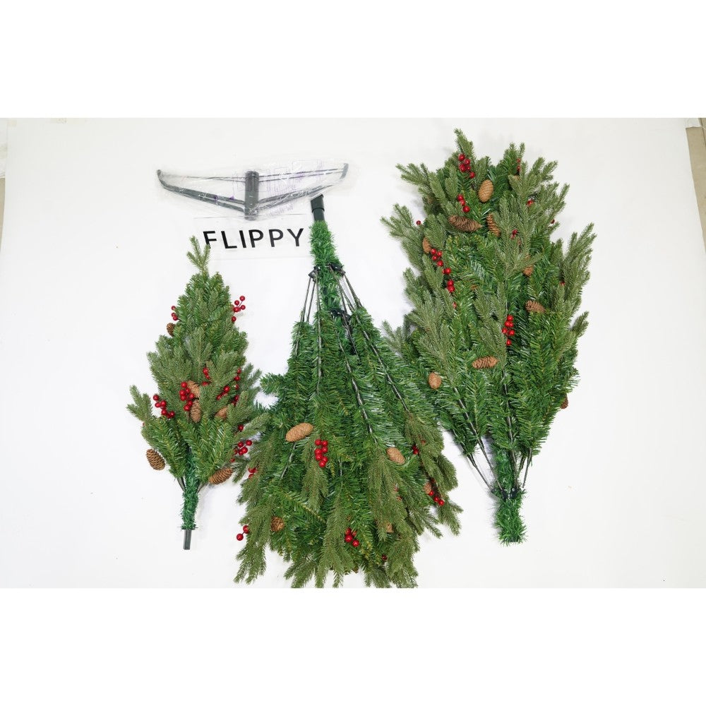 Brad artificial de Craciun, decorat cu conuri pin rosii, inaltime 210 cm, diametru 137 cm, 1172 ramuri, Flippy, verde,