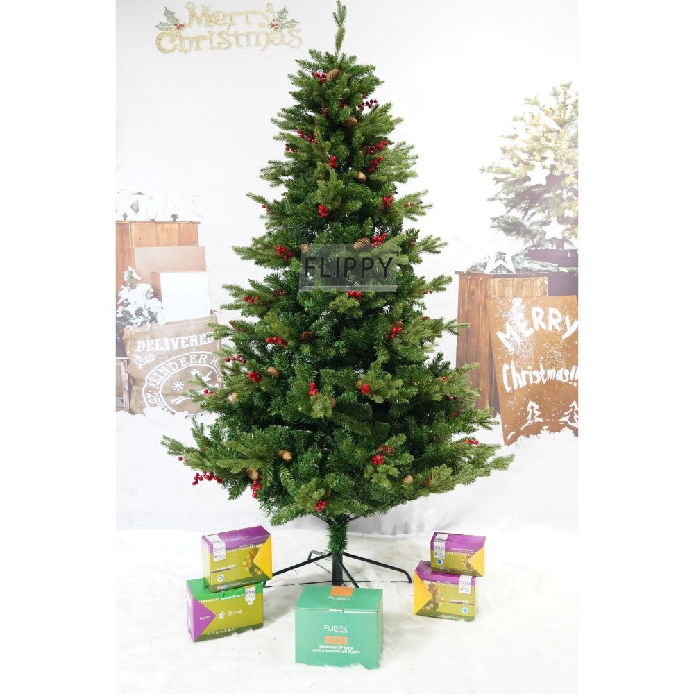 Brad artificial de Craciun, decorat cu conuri pin rosii, inaltime 210 cm, diametru 137 cm, 1172 ramuri, Flippy, verde,