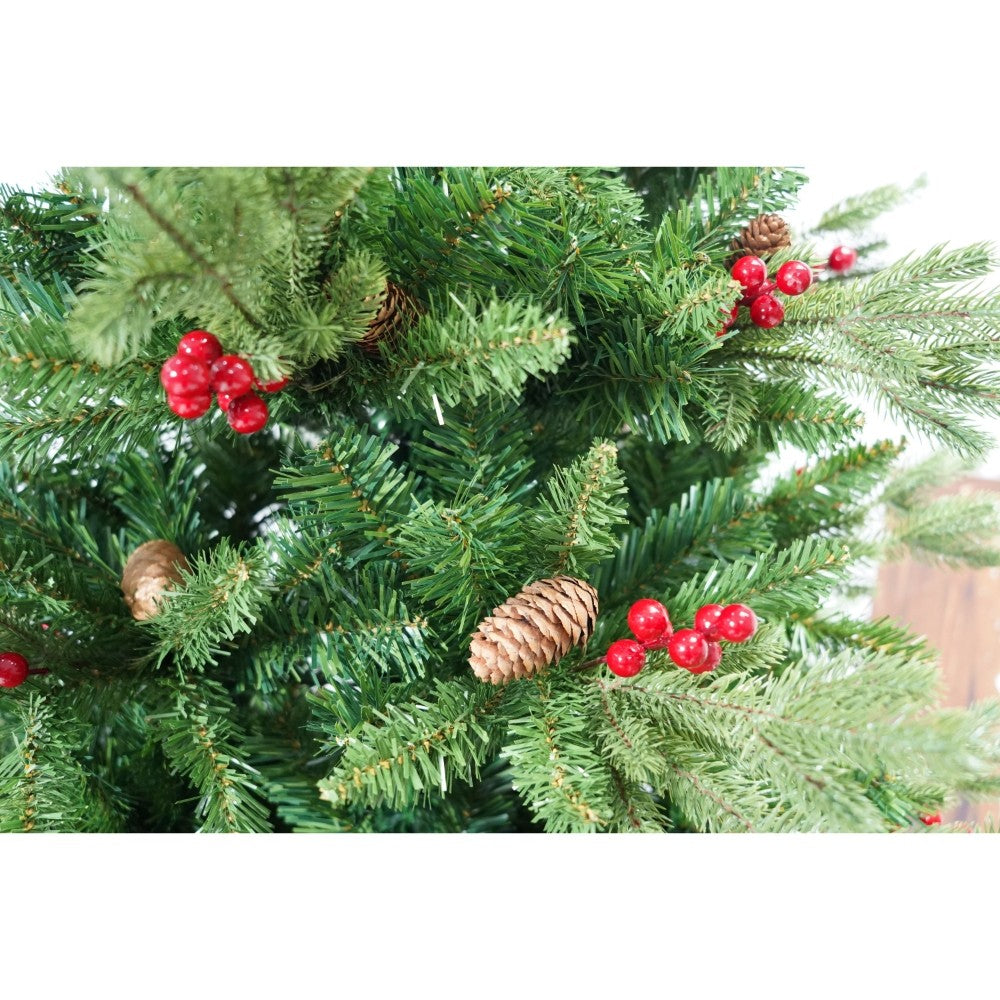 Brad artificial de Craciun, decorat cu conuri pin rosii, inaltime 210 cm, diametru 137 cm, 1172 ramuri, Flippy, verde,