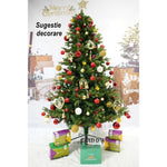 Brad artificial de Craciun, decorat cu conuri pin rosii, inaltime 210 cm, diametru 137 cm, 1172 ramuri, Flippy, verde,