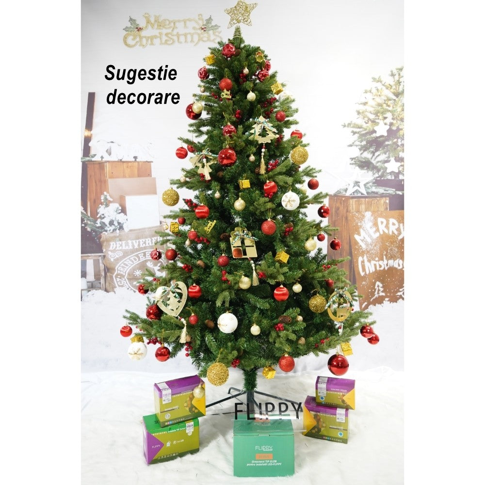 Brad artificial de Craciun, decorat cu conuri pin rosii, inaltime 210 cm, diametru 137 cm, 1172 ramuri, Flippy, verde,