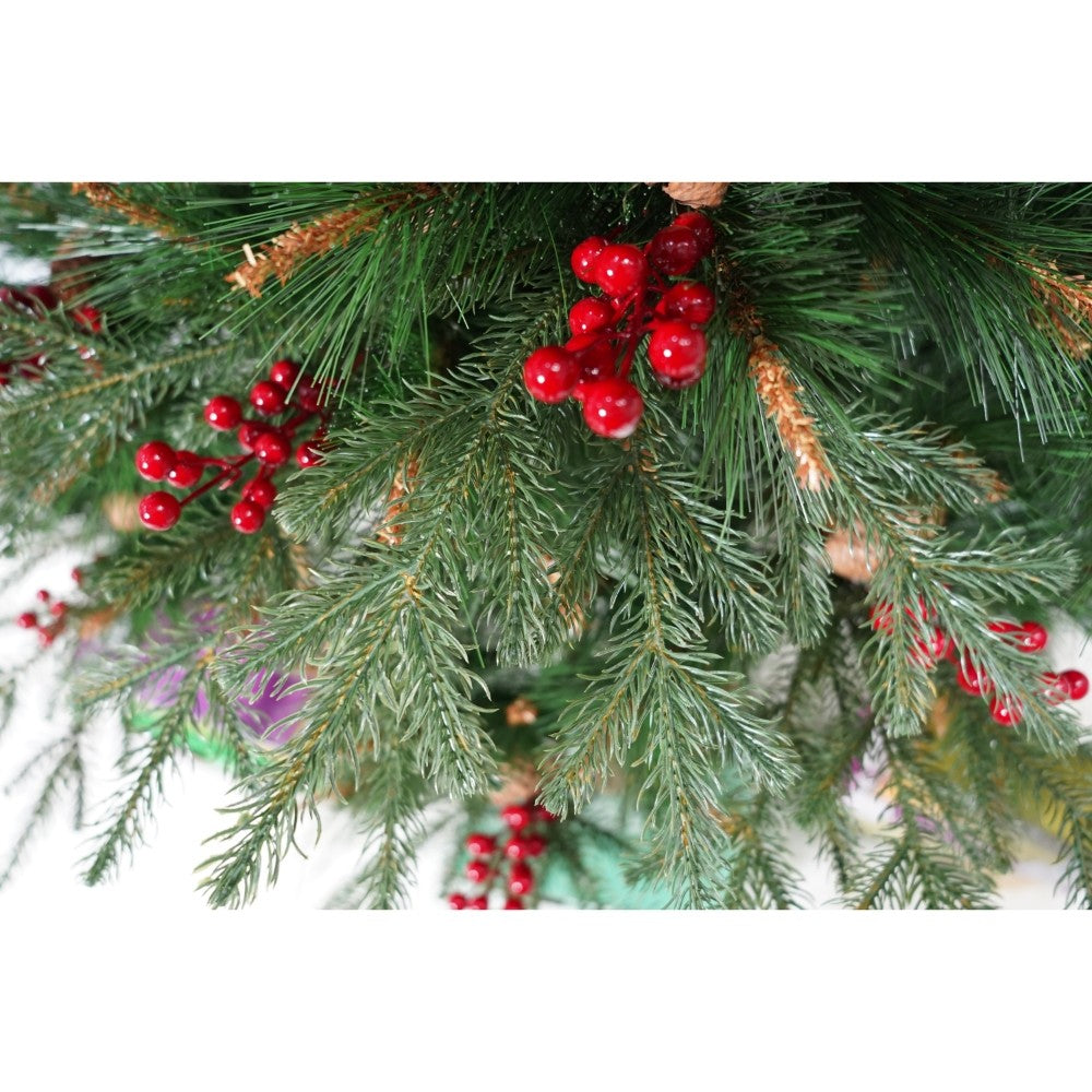 Brad artificial de Craciun, decorat cu conuri pin rosii, pentru interior/exterior, inaltime 150 cm, diametru 104 cm,