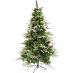 Brad artificial de Craciun, decorat cu conuri pin rosii, pentru interior/exterior, inaltime 150 cm, diametru 104 cm,