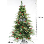 Brad artificial de Craciun, decorat cu conuri pin rosii, pentru interior/exterior, inaltime 210 cm, diametru 142 cm,