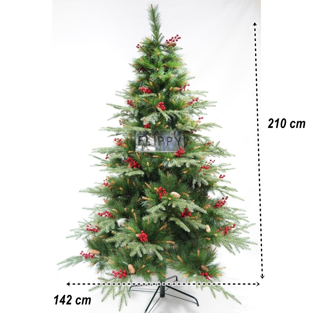 Brad artificial de Craciun, decorat cu conuri pin rosii, pentru interior/exterior, inaltime 210 cm, diametru 142 cm,