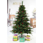 Brad artificial de Craciun, decorat cu conuri pin rosii, pentru interior/exterior, inaltime 210 cm, diametru 142 cm,