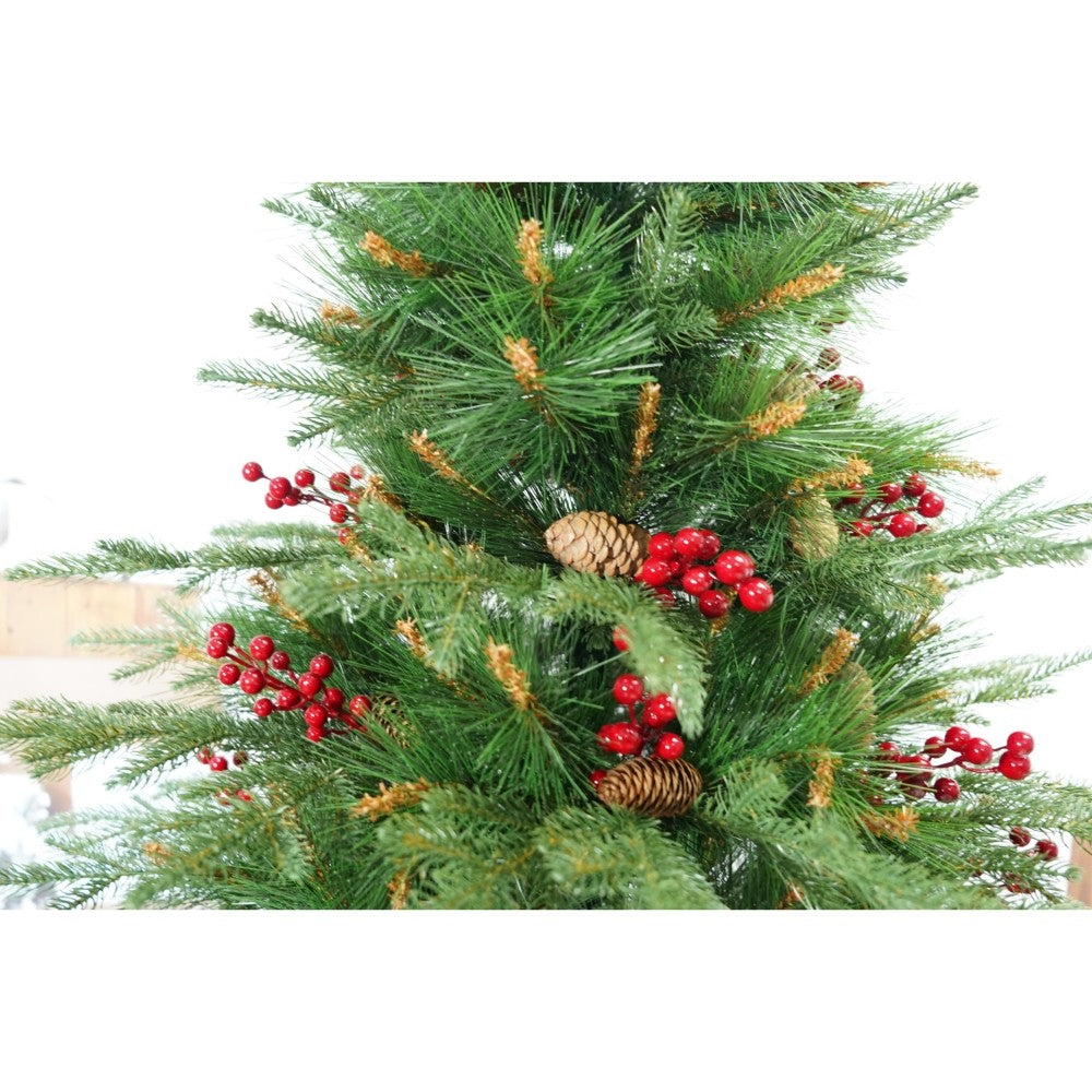 Brad artificial de Craciun, decorat cu conuri pin rosii, pentru interior/exterior, inaltime 210 cm, diametru 142 cm,