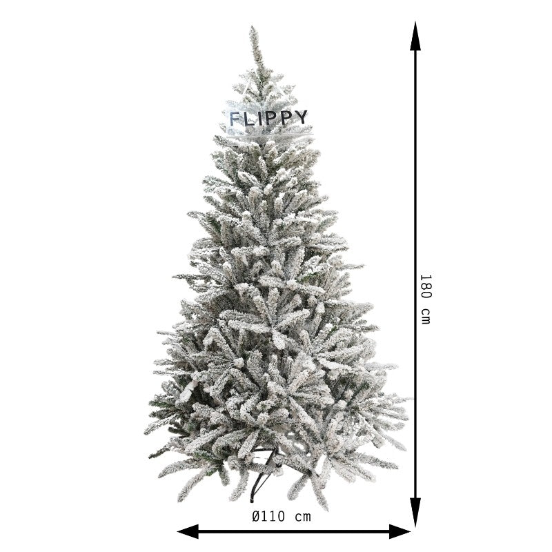Brad Artificial de Craciun, Flippy, 1.8 m inaltime, Verde, Pulverizat alb-tip zapada, Diametru inferior 110 cm,