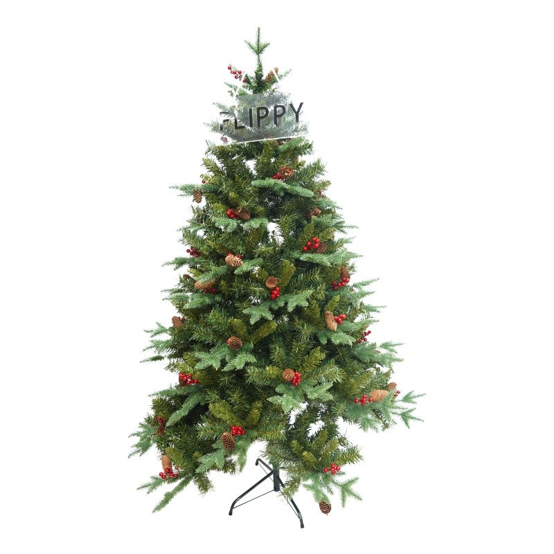 Brad Artificial de Craciun Bogat, Flippy, 1.80 m inaltime, 774 ramuri, Premium, Verde, Decorat cu 56 conuri pin rosii,