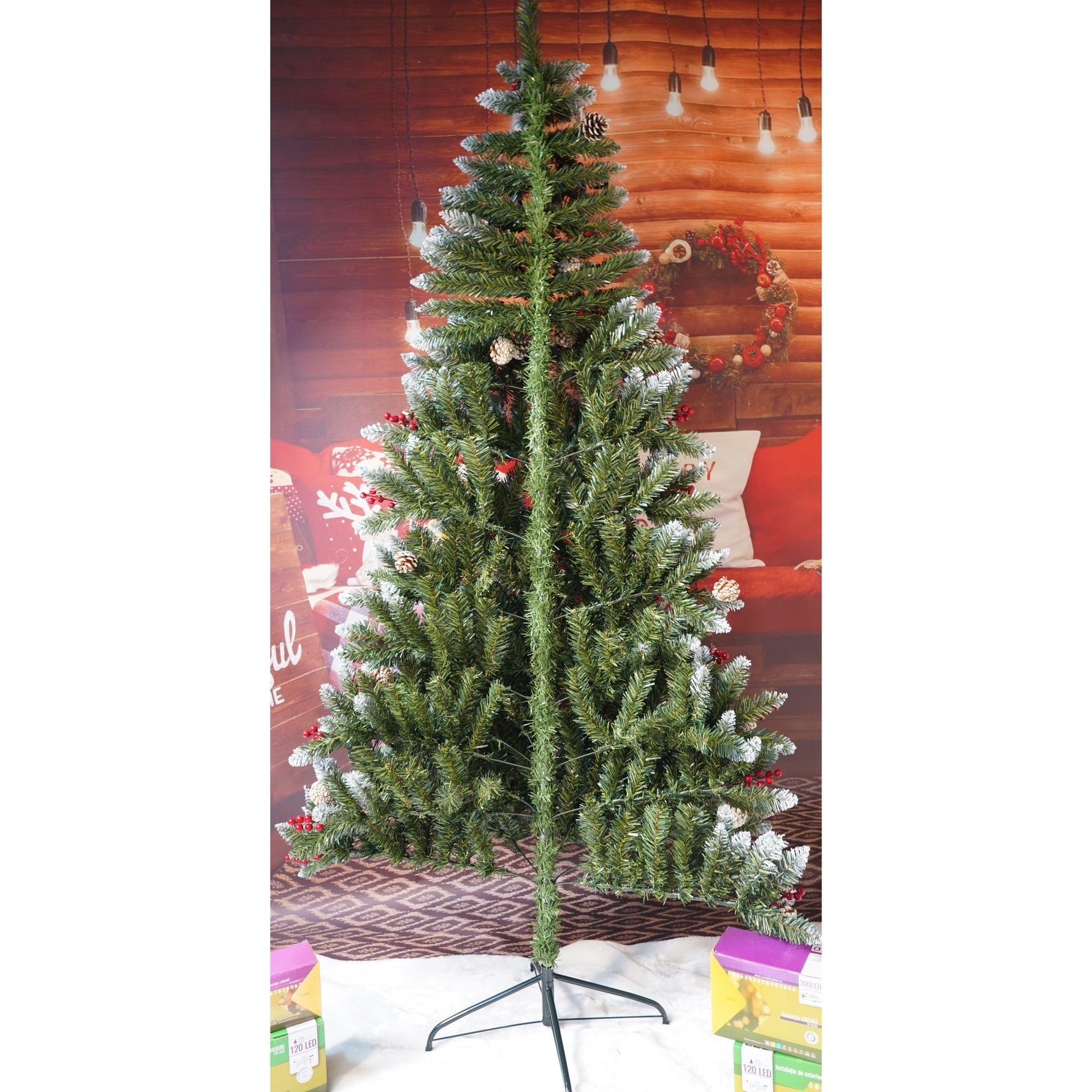 Brad Artificial de Craciun, Flippy, Sectionat pentru Perete/ Colt, 2.10 m inaltime, Verde, Decorat, Diametru Inferior