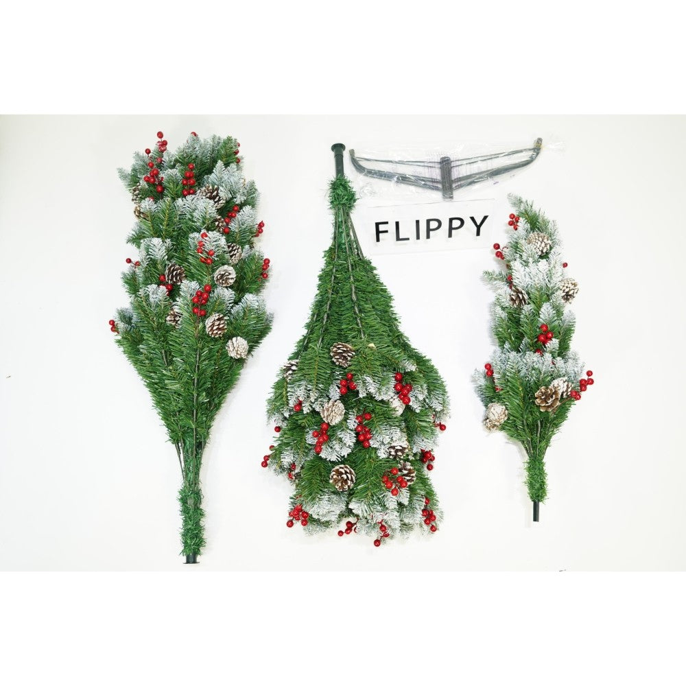 Brad artificial de Craciun nins, decorat cu conuri pin rosii, inaltime 150 cm, diametru 83 cm, 319 ramuri, Flippy,
