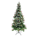 Brad artificial de Craciun nins, decorat cu conuri pin rosii, inaltime 150 cm, diametru 83 cm, 319 ramuri, Flippy,