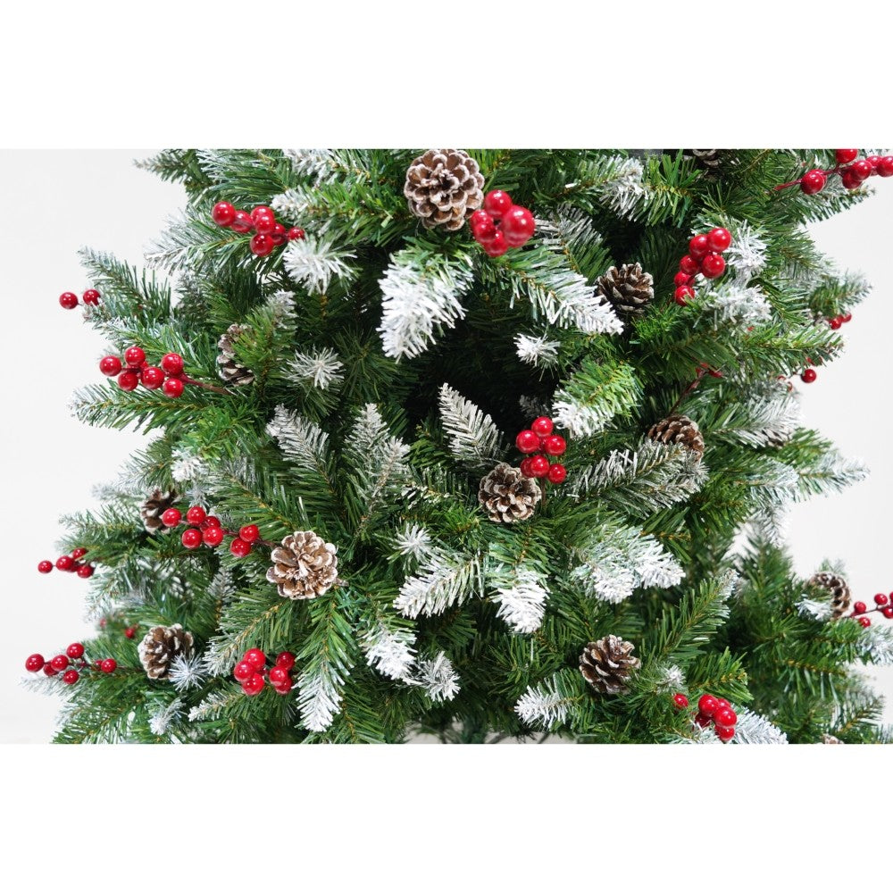 Brad artificial de Craciun nins, decorat cu conuri pin rosii, inaltime 180 cm, diametru 95 cm, 319 ramuri, Flippy,