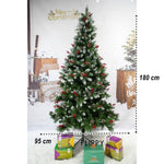 Brad artificial de Craciun nins, decorat cu conuri pin rosii, inaltime 180 cm, diametru 95 cm, 319 ramuri, Flippy,