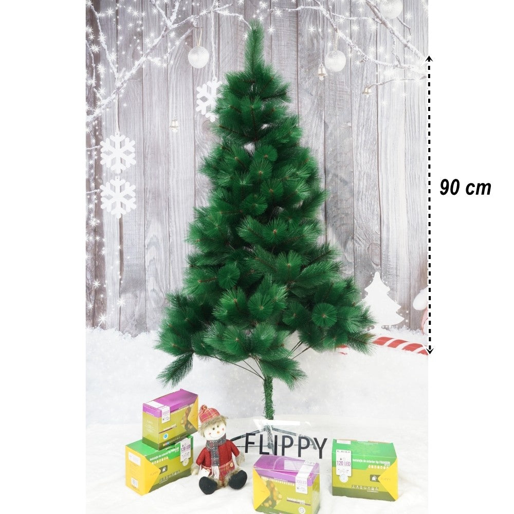Brad artificial de Craciun tip pin, clasic, pentru interior/exterior, inaltime 90 cm, Flippy, verde, suport de plastic