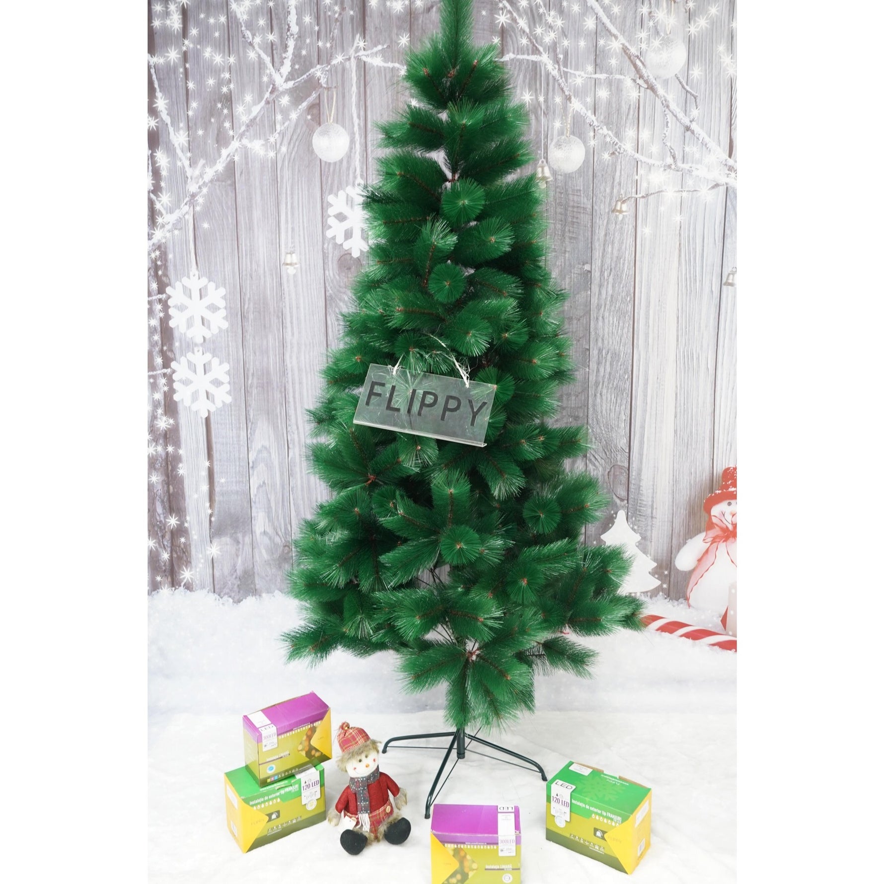 Brad artificial de Craciun tip pin, inaltime 210 cm, diametru 115 cm, 350 ramuri cu ace 3D 12 cm, Flippy, verde, suport