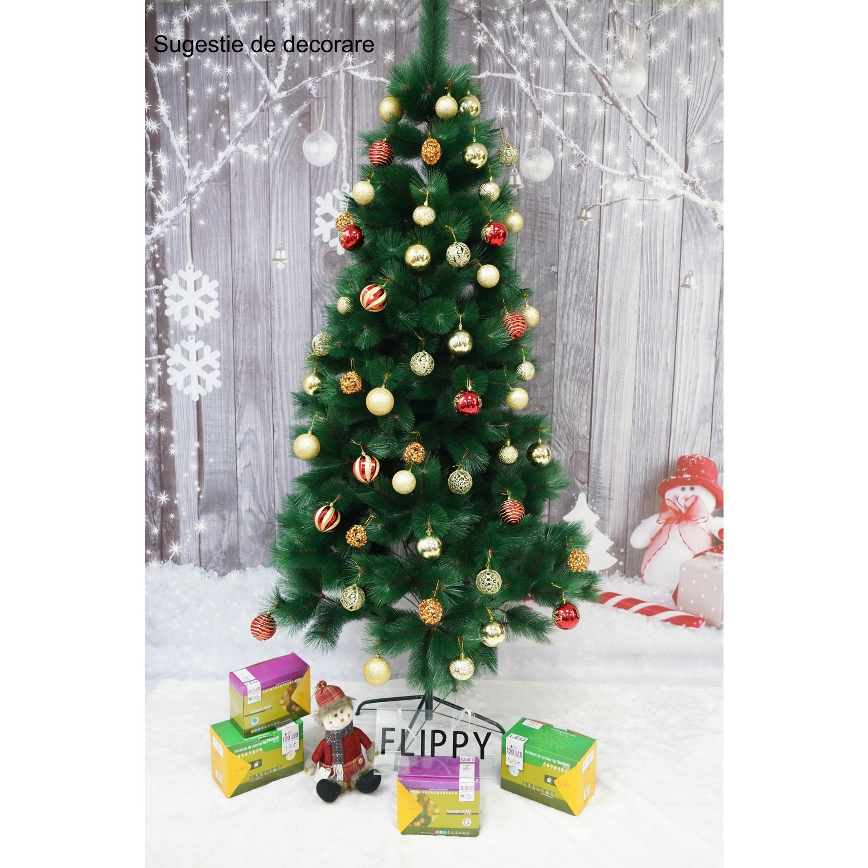 Brad artificial de Craciun tip pin, inaltime 210 cm, diametru 115 cm, 350 ramuri cu ace 3D 12 cm, Flippy, verde, suport