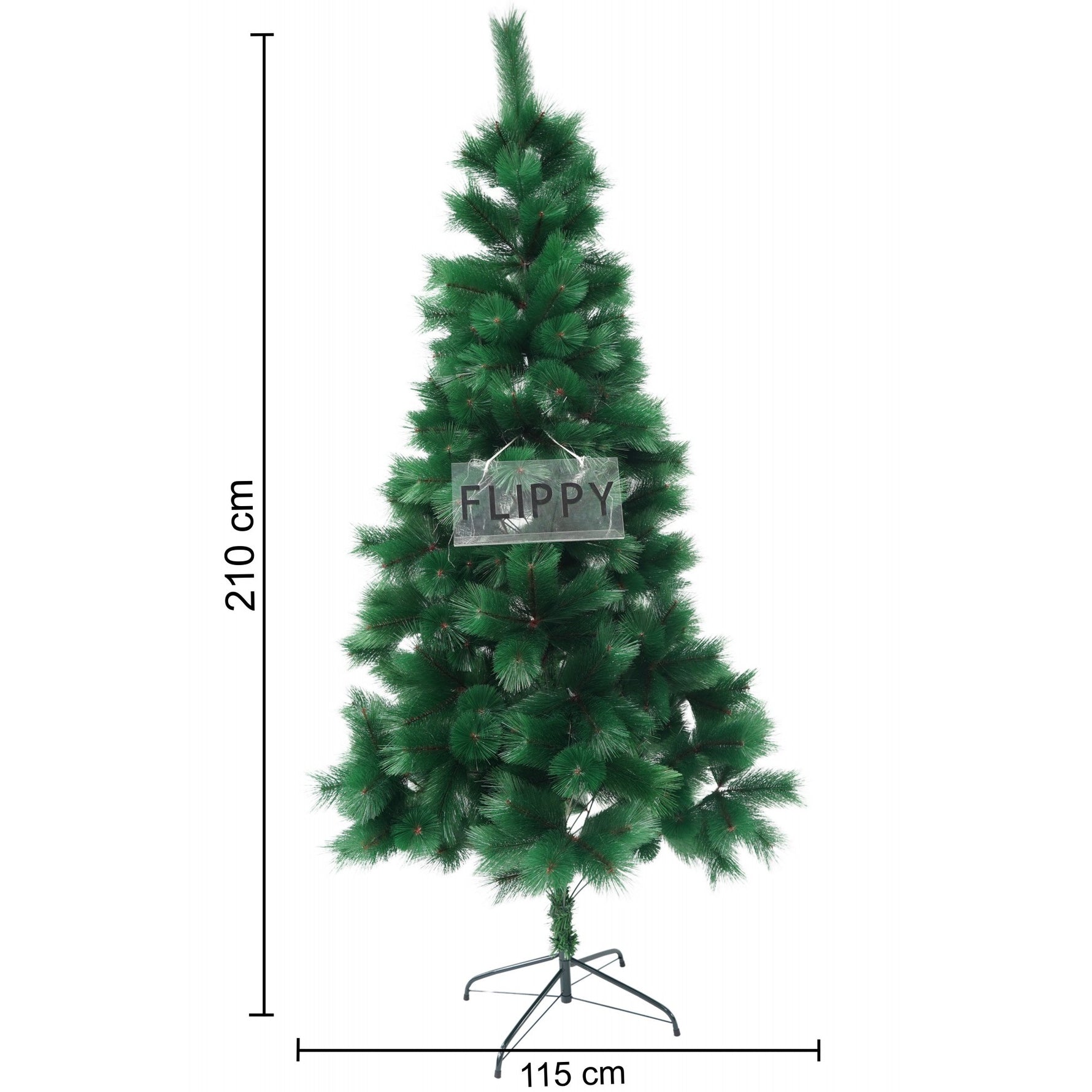 Brad artificial de Craciun tip pin, inaltime 210 cm, diametru 115 cm, 350 ramuri cu ace 3D 12 cm, Flippy, verde, suport
