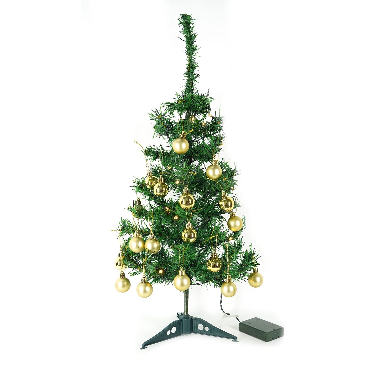 Brad Artificial Impodobit, 60 cm, suport plastic, cu instalatie luminoasa 20 LED alb cald + 20 globuri aurii incluse,