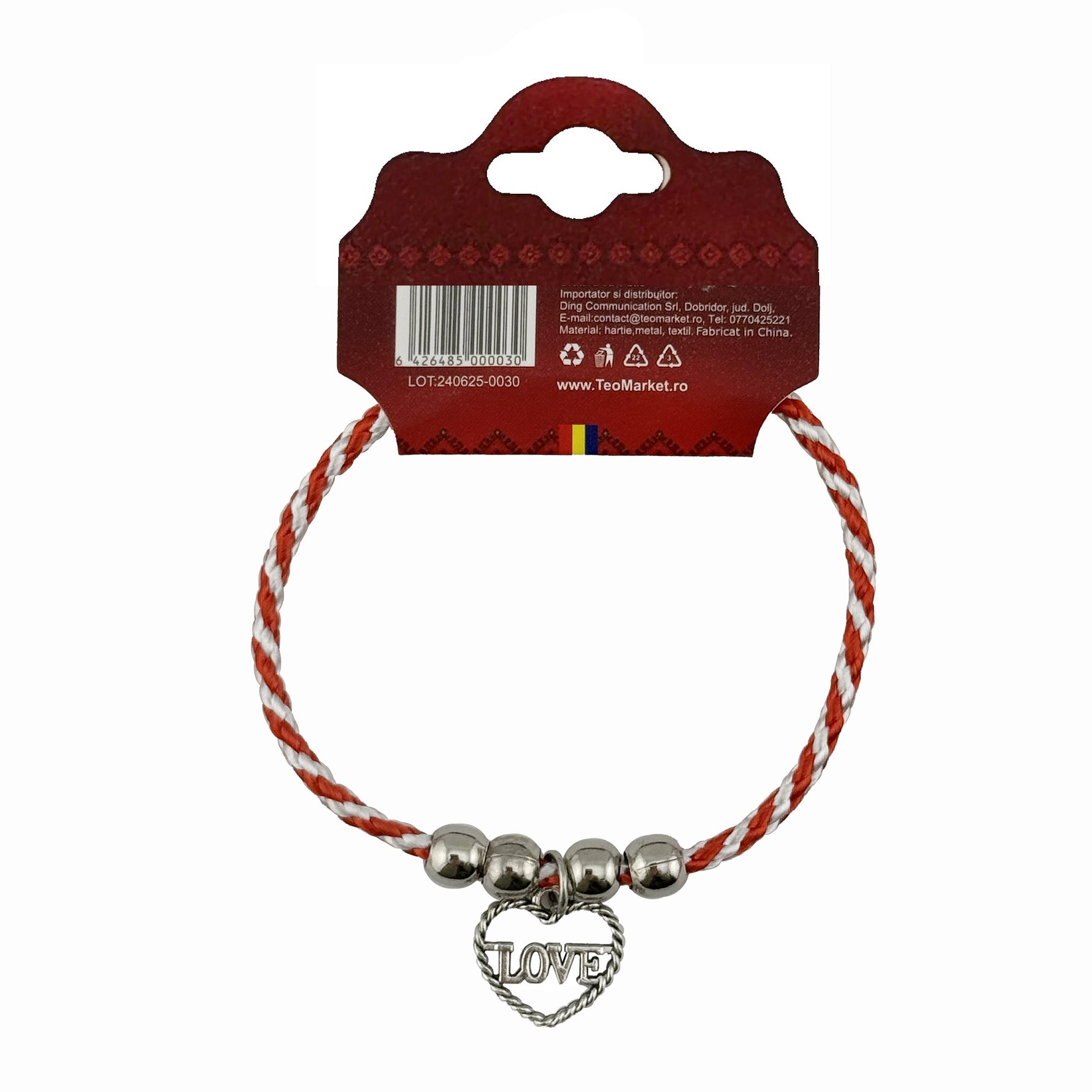 Martisor de Tip Bratara cu 4 Bile si Pandativ Metalic, Jolie, Model Inima cu Scris Love, Design Clasic, Snur Rasucit