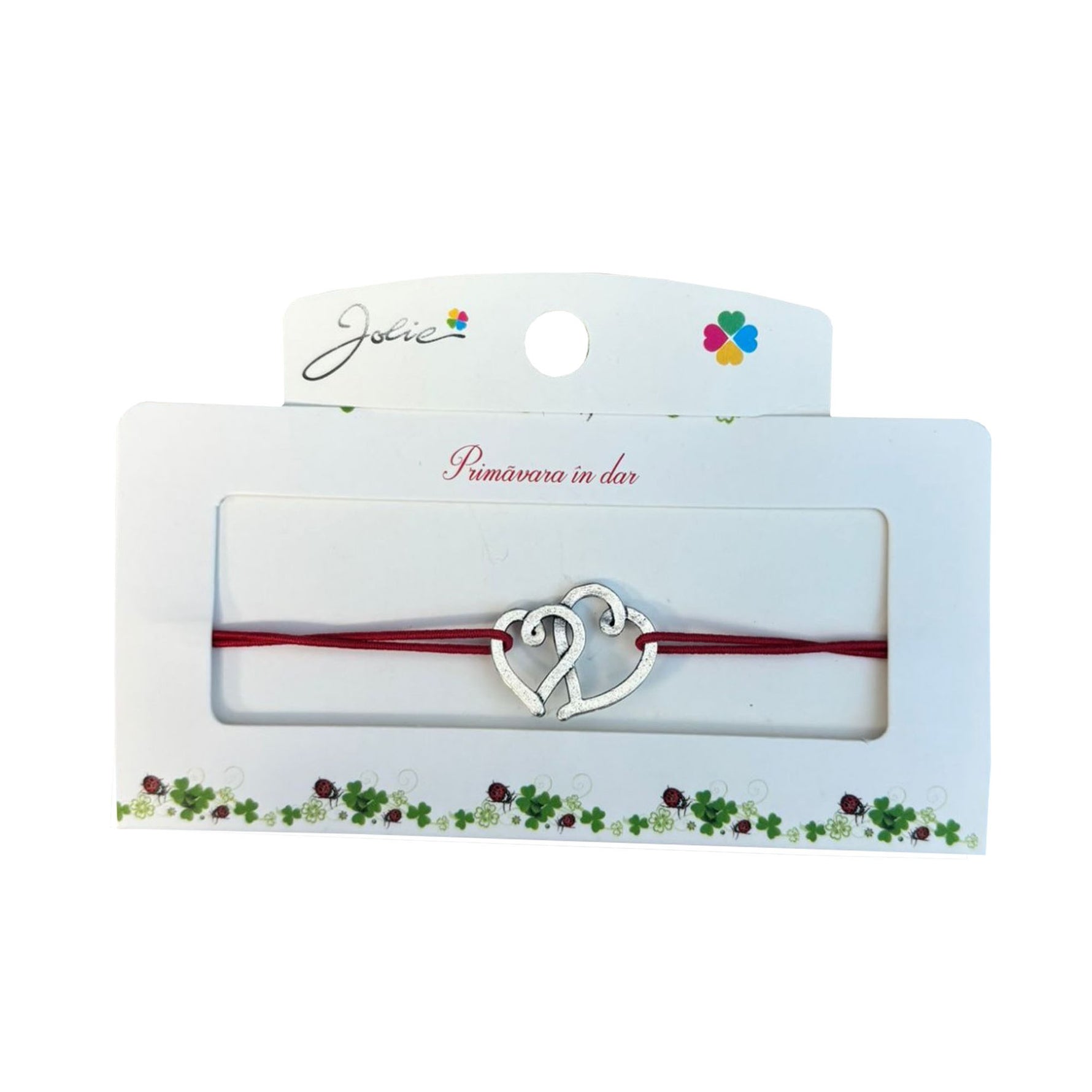 Martisor tip Bratara cu Pandantiv Metalic, Jolie, Snur Textil Rosu, Model Doua Inimi, Dimensiune Reglabila, Nod Dublu,