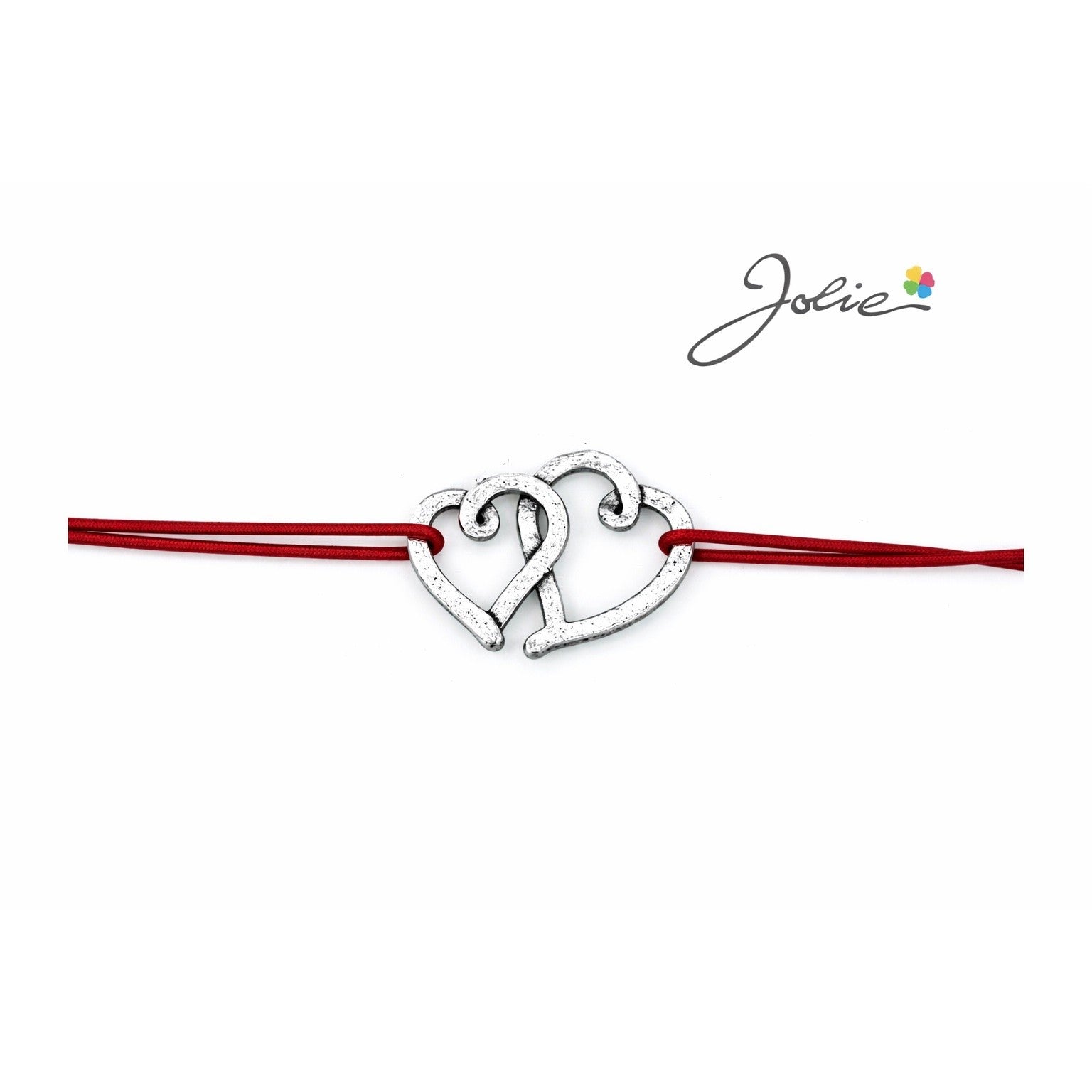 Martisor tip Bratara cu Pandantiv Metalic, Jolie, Snur Textil Rosu, Model Doua Inimi, Dimensiune Reglabila, Nod Dublu,