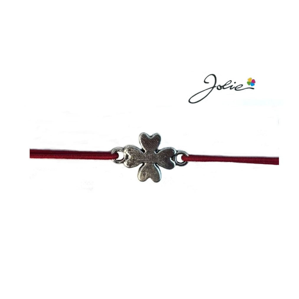 Martisor tip Bratara cu Pandantiv Metalic, Jolie, Snur Textil Rosu, Model Trifoi cu Patru Foi, Dimensiune Reglabila,