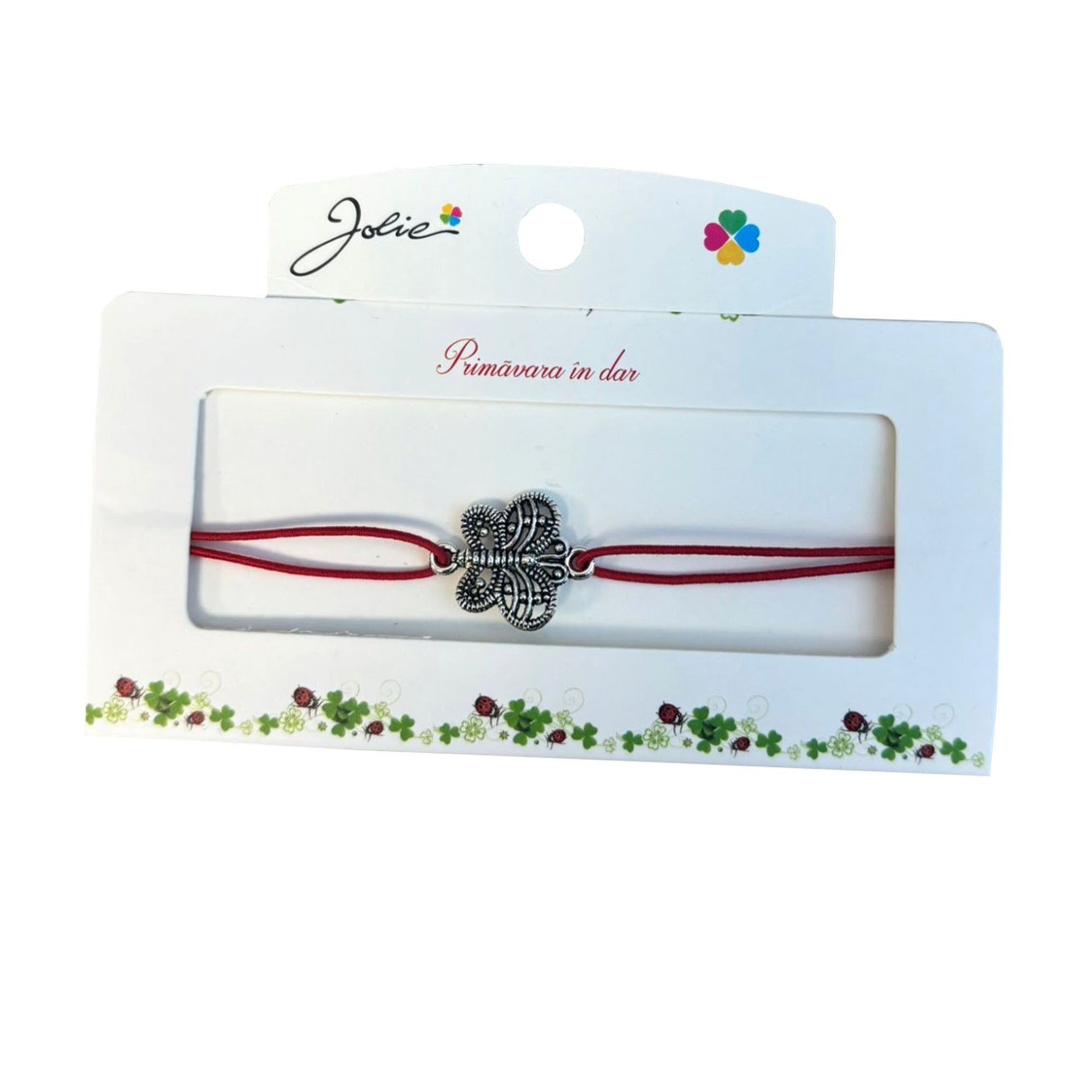 Martisor tip Bratara cu Pandantiv Metalic, Jolie, Snur Textil Rosu, Model Fluture, Dimensiune Reglabila, Nod Dublu,