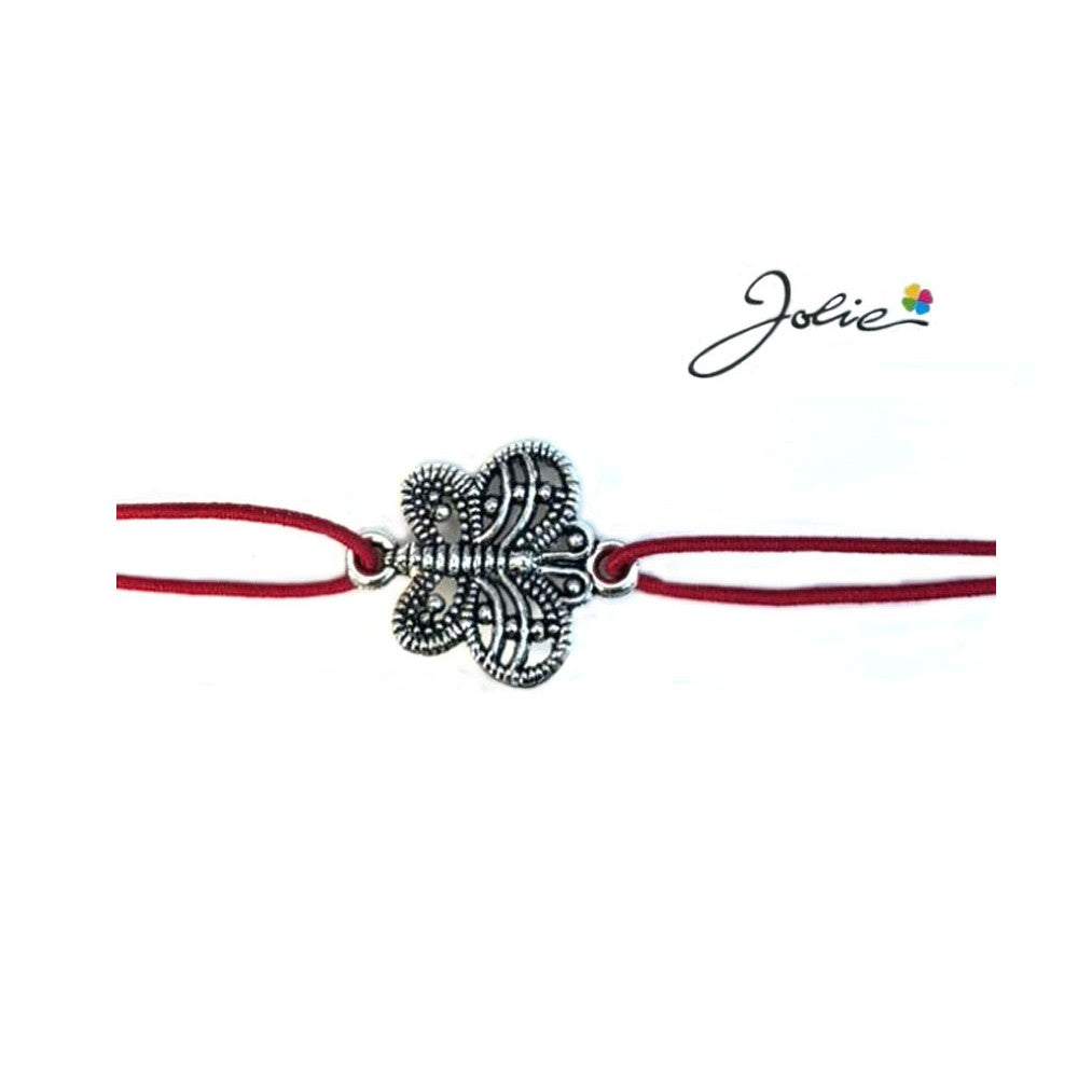 Martisor tip Bratara cu Pandantiv Metalic, Jolie, Snur Textil Rosu, Model Fluture, Dimensiune Reglabila, Nod Dublu,
