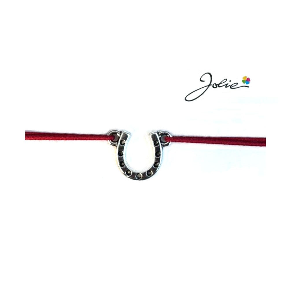 Martisor tip Bratara cu Pandantiv Metalic, Jolie, Snur Textil Rosu, Model Potcoava Puncte, Dimensiune Reglabila, Nod