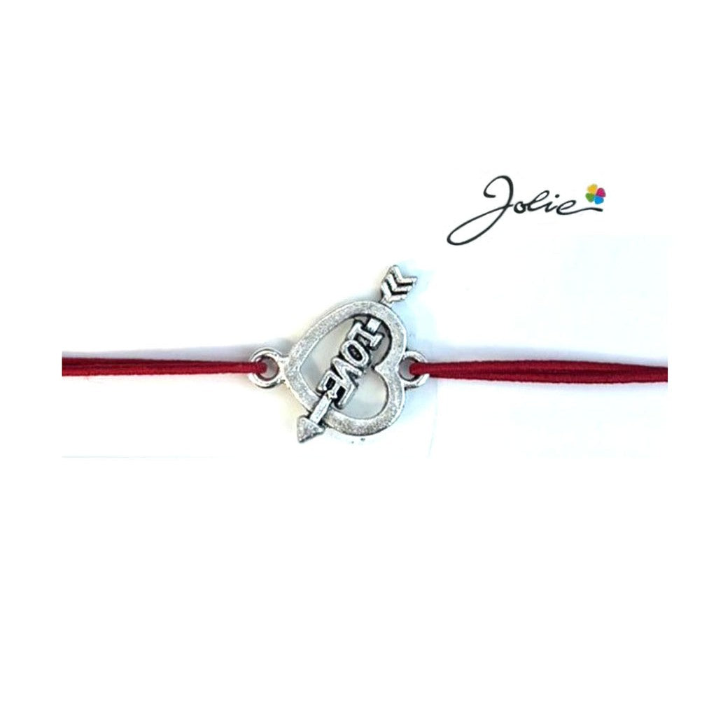 Martisor tip Bratara cu Pandantiv Metalic, Jolie, Snur Textil Rosu, Model Inima Love, Dimensiune Reglabila, Nod Dublu,