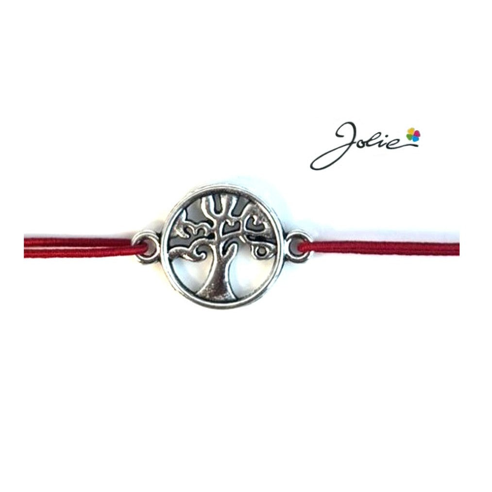 Martisor tip Bratara cu Pandantiv Metalic, Jolie, Snur Textil Rosu, Model Copacul Vietii Elegant, Dimensiune Reglabila,