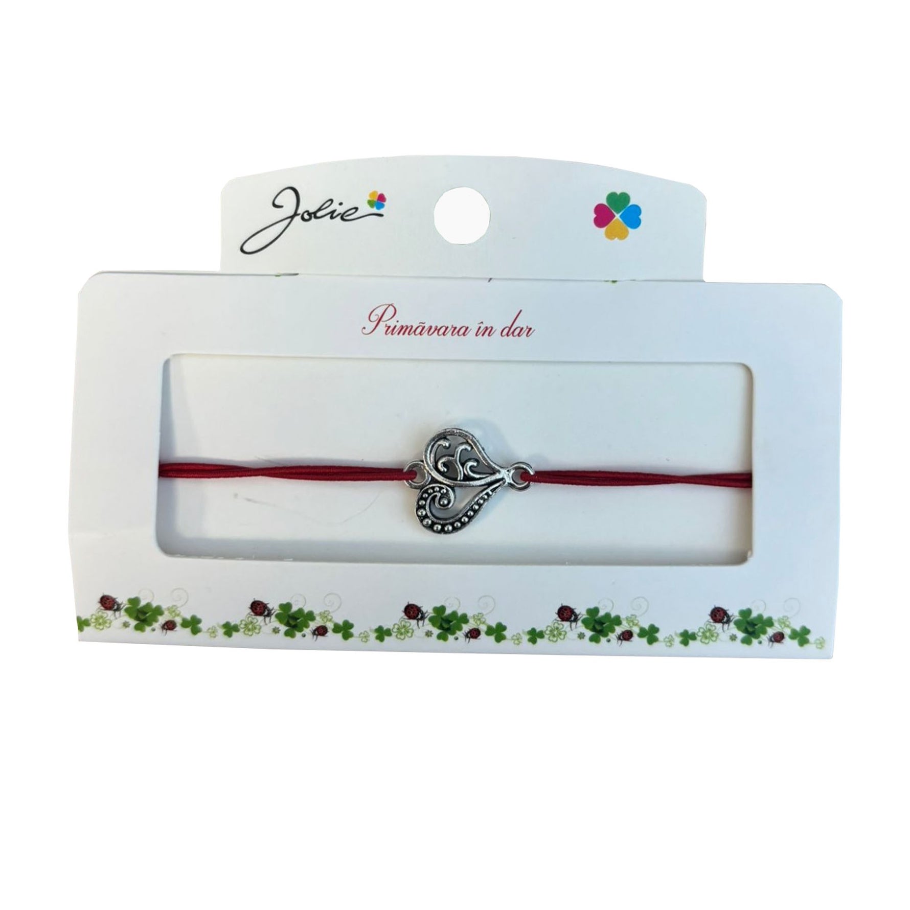 Martisor tip Bratara cu Pandantiv Metalic, Jolie, Snur Textil Rosu, Model Inima Eleganta, Dimensiune Reglabila, Nod
