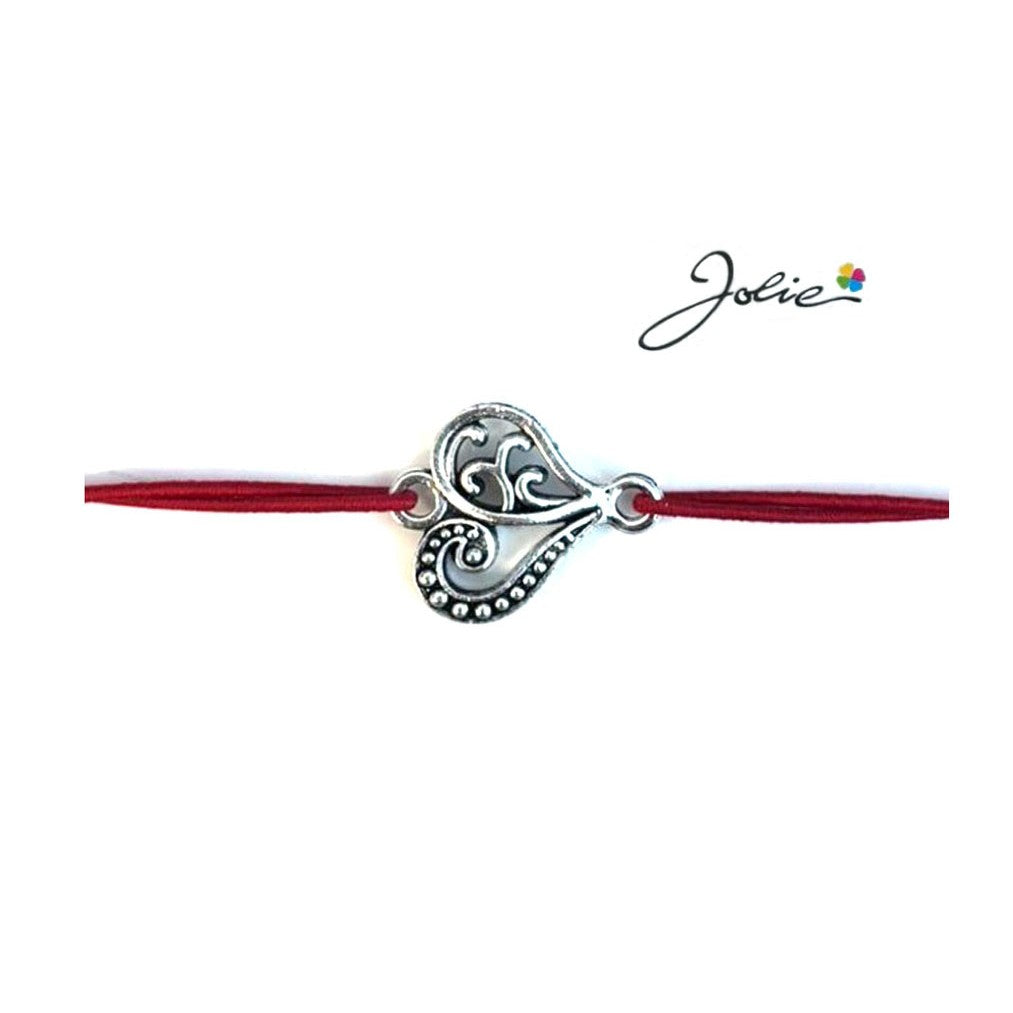 Martisor tip Bratara cu Pandantiv Metalic, Jolie, Snur Textil Rosu, Model Inima Eleganta, Dimensiune Reglabila, Nod