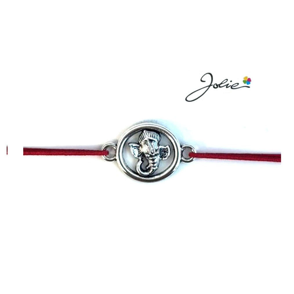 Martisor tip Bratara cu Pandantiv Metalic, Jolie, Snur Textil Rosu, Model Ganesha Cerc, Dimensiune Reglabila, Nod