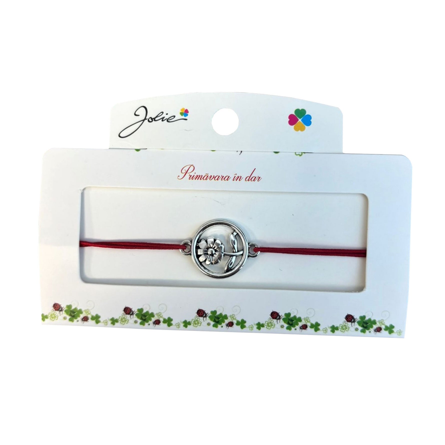 Martisor tip Bratara cu Pandantiv Metalic, Jolie, Snur Textil Rosu, Model Floare Cerc, Dimensiune Reglabila, Nod Dublu,