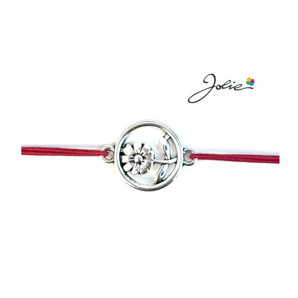 Martisor tip Bratara cu Pandantiv Metalic, Jolie, Snur Textil Rosu, Model Floare Cerc, Dimensiune Reglabila, Nod Dublu,