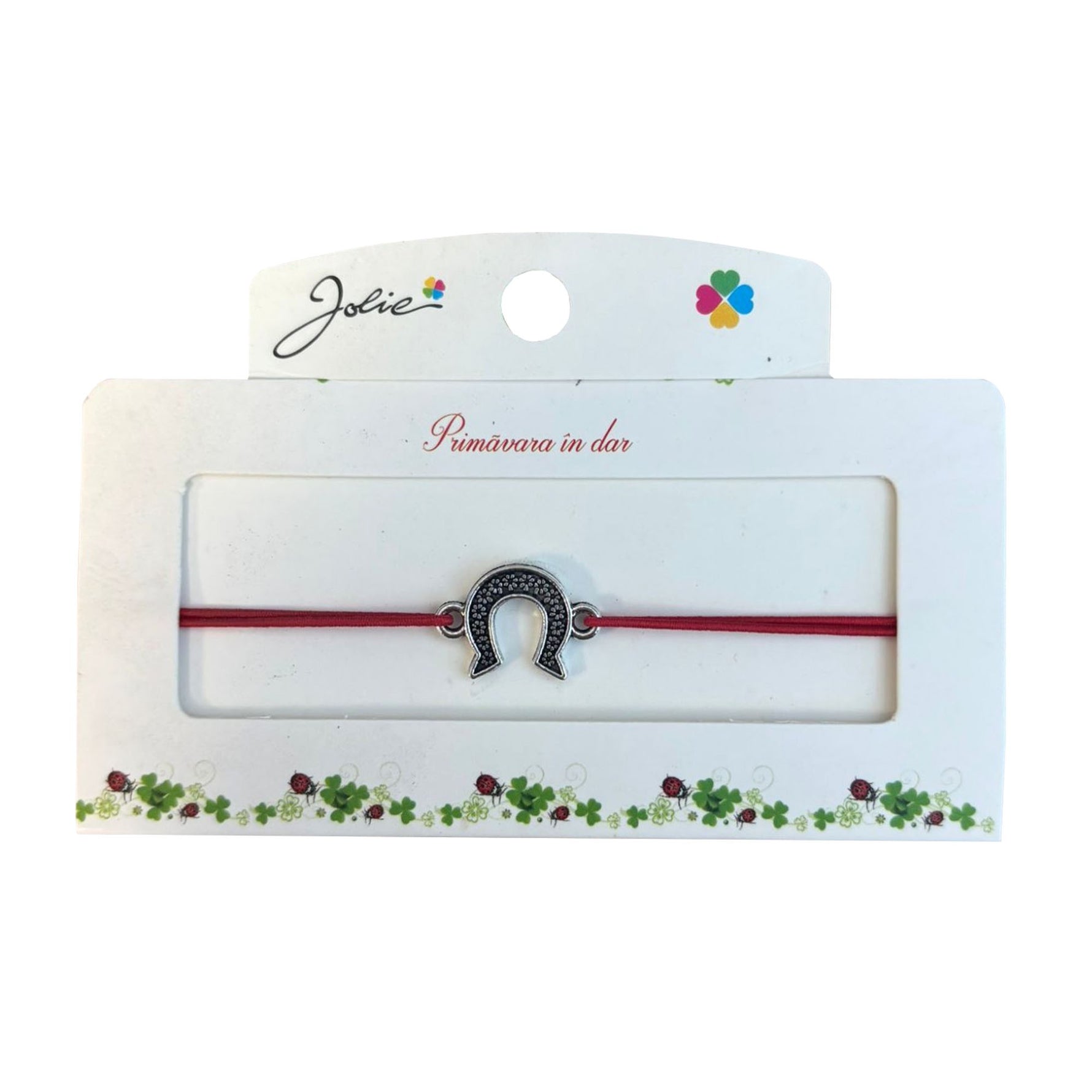 Martisor tip Bratara cu Pandantiv Metalic, Jolie, Snur Textil Rosu, Model Potcoava Flori, Dimensiune Reglabila, Nod