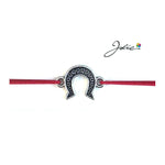 Martisor tip Bratara cu Pandantiv Metalic, Jolie, Snur Textil Rosu, Model Potcoava Flori, Dimensiune Reglabila, Nod