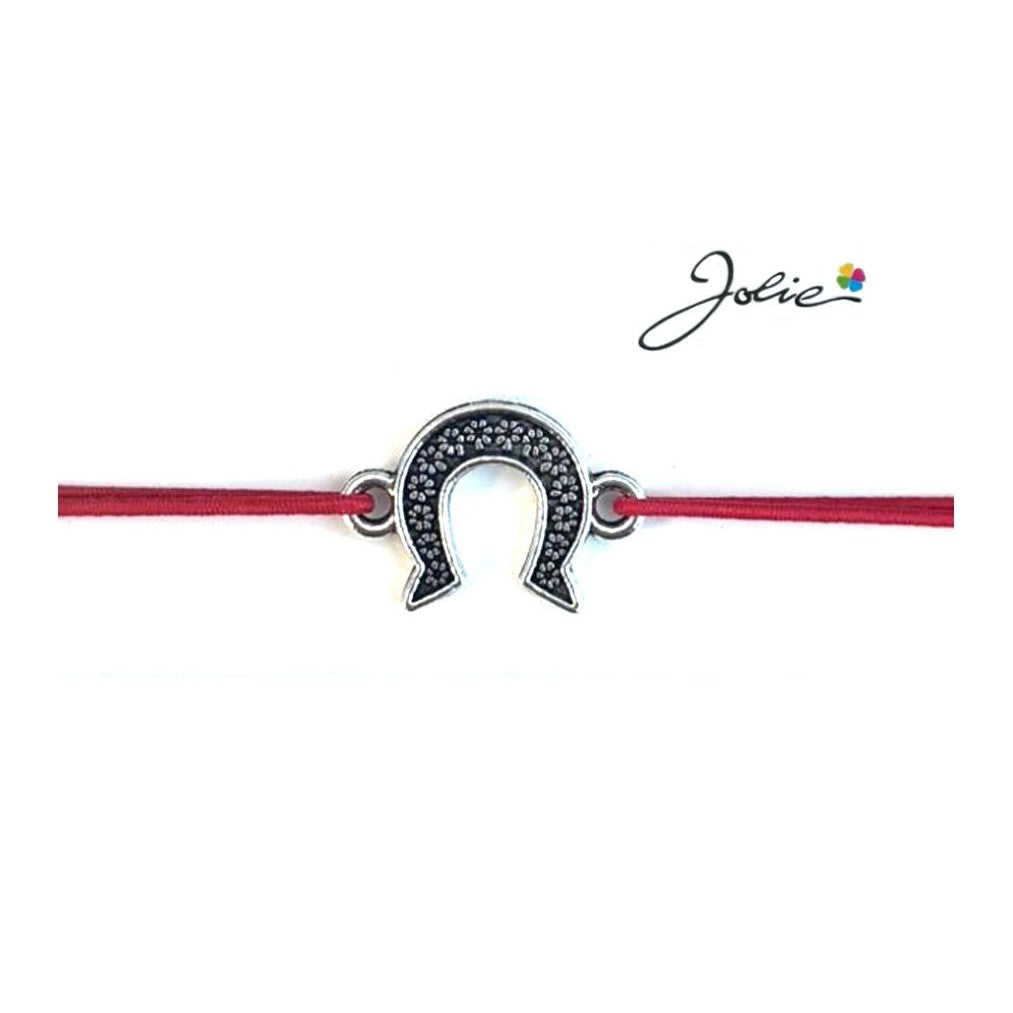 Martisor tip Bratara cu Pandantiv Metalic, Jolie, Snur Textil Rosu, Model Potcoava Flori, Dimensiune Reglabila, Nod