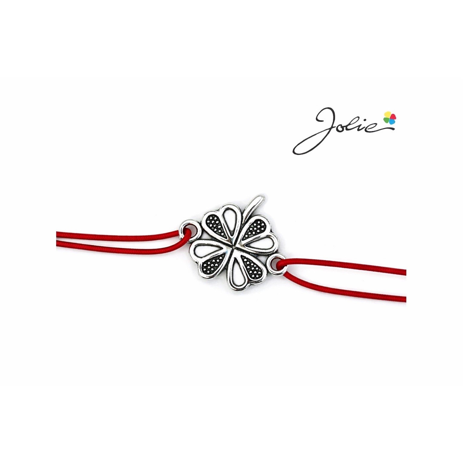 Martisor tip Bratara cu Pandantiv Metalic, Jolie, Snur Textil Rosu, Model Trifoi Inimi, Dimensiune Reglabila, Nod