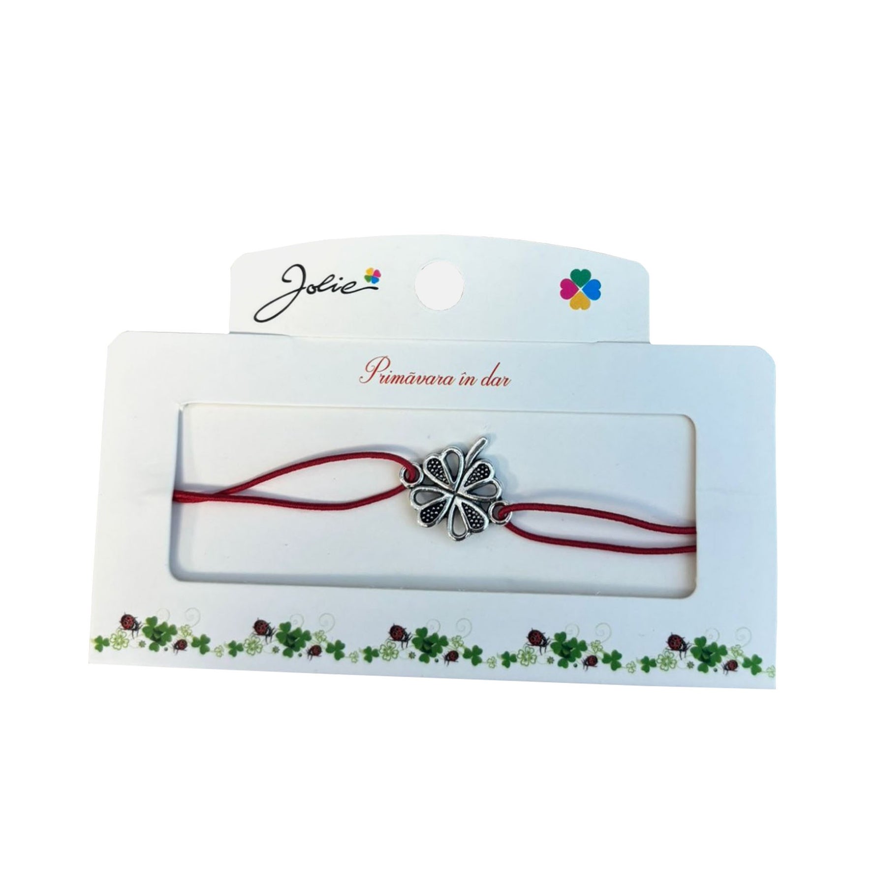 Martisor tip Bratara cu Pandantiv Metalic, Jolie, Snur Textil Rosu, Model Trifoi Inimi, Dimensiune Reglabila, Nod