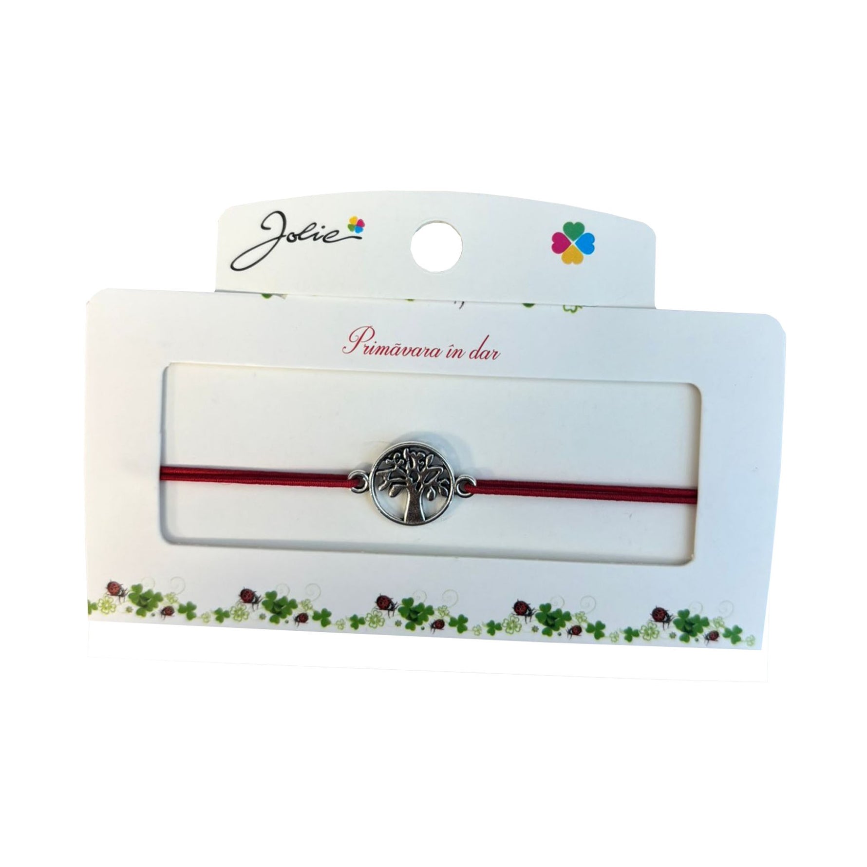 Martisor tip Bratara cu Pandantiv Metalic, Jolie, Snur Textil Rosu, Model Pomul Vietii Traditional, Dimensiune