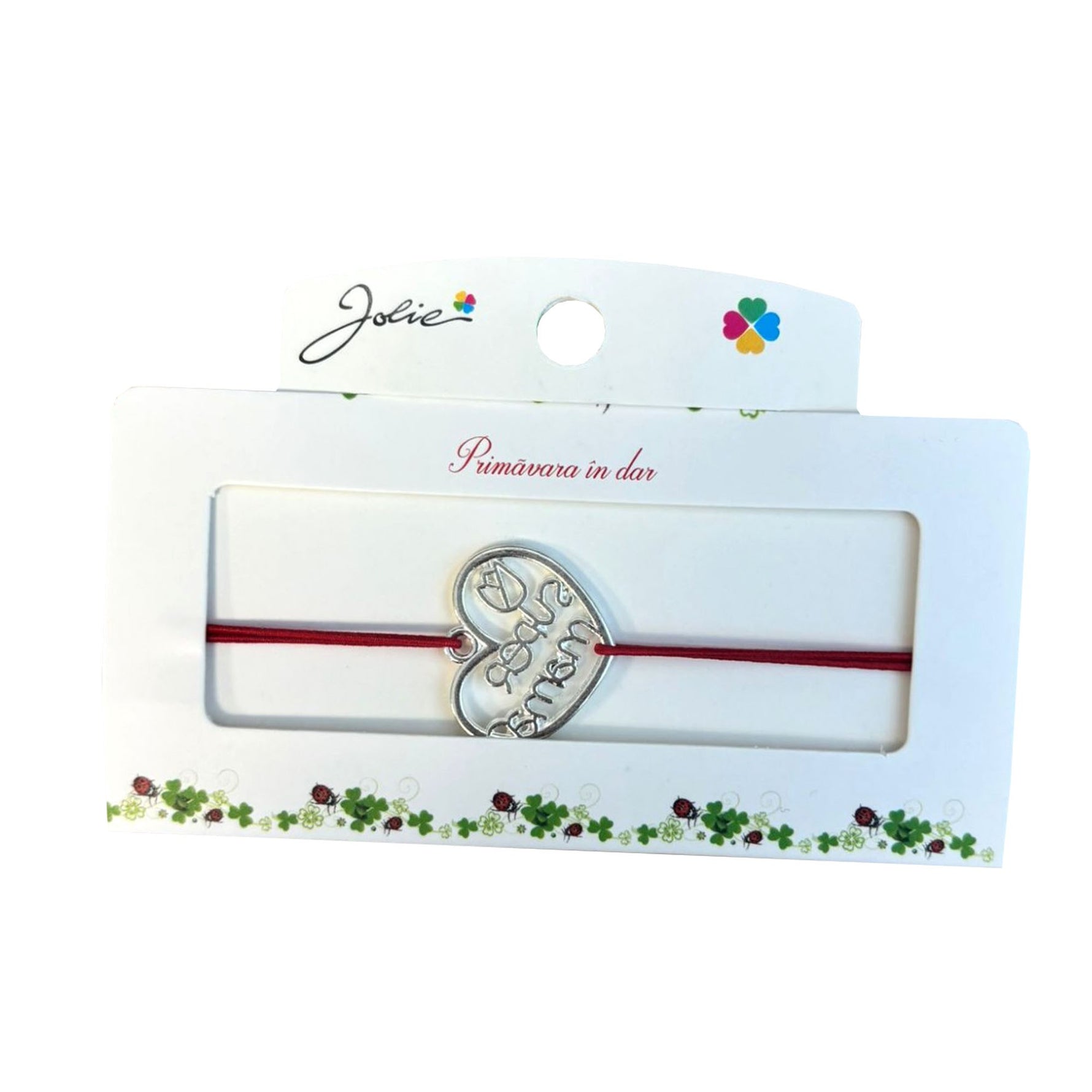 Martisor tip Bratara cu Pandantiv Metalic, Jolie, Snur Textil Rosu, Model Inima Super Mama, Dimensiune Reglabila, Nod