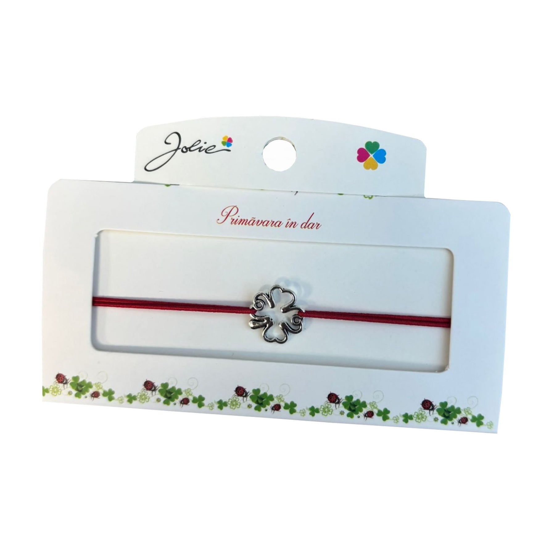 Martisor tip Bratara cu Pandantiv Metalic, Jolie, Snur Textil Rosu, Model Trifoi Contur, Dimensiune Reglabila, Nod