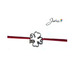 Martisor tip Bratara cu Pandantiv Metalic, Jolie, Snur Textil Rosu, Model Trifoi Contur, Dimensiune Reglabila, Nod