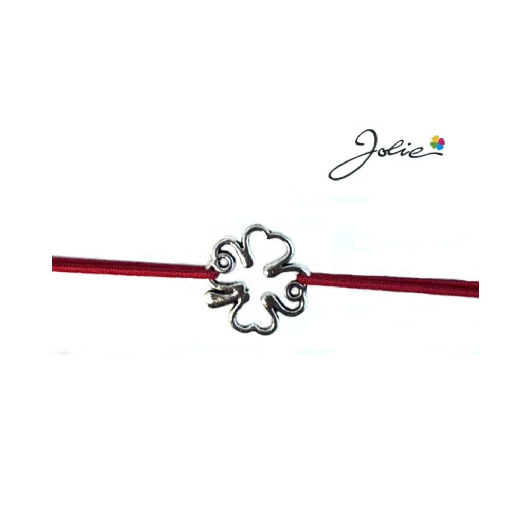 Martisor tip Bratara cu Pandantiv Metalic, Jolie, Snur Textil Rosu, Model Trifoi Contur, Dimensiune Reglabila, Nod