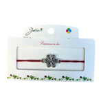 Martisor tip Bratara cu Pandantiv Metalic, Jolie, Snur Textil Rosu, Model Floare, Dimensiune Reglabila, Nod Dublu,